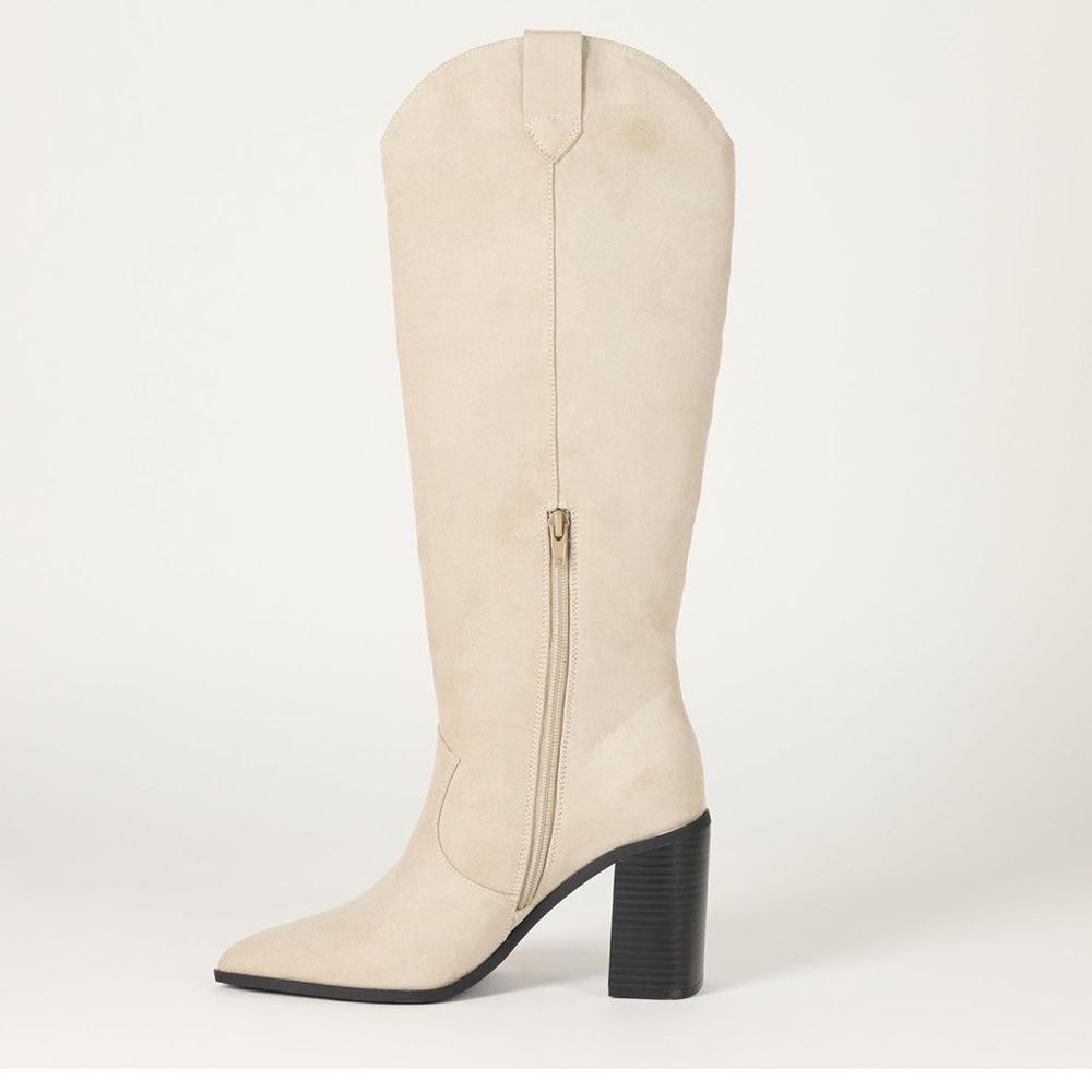 The Drop ‘Cassandra’ Knee-High cream microsuede Western Boot, NEW w/ tag size 9